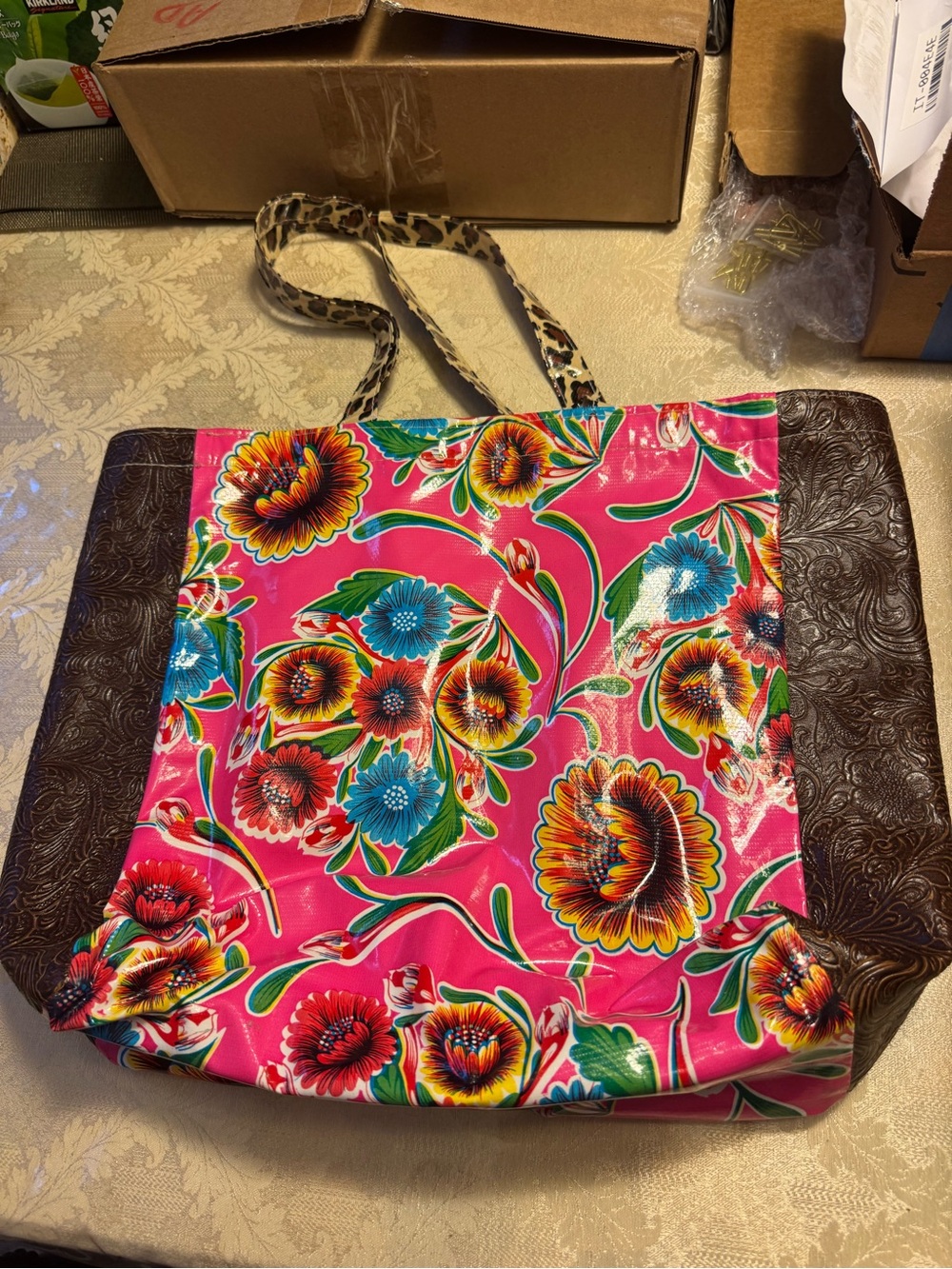 Vibrant Tooled Leather Floral Oilcloth Tote Bag Cheetah Leopard Trim 13x13